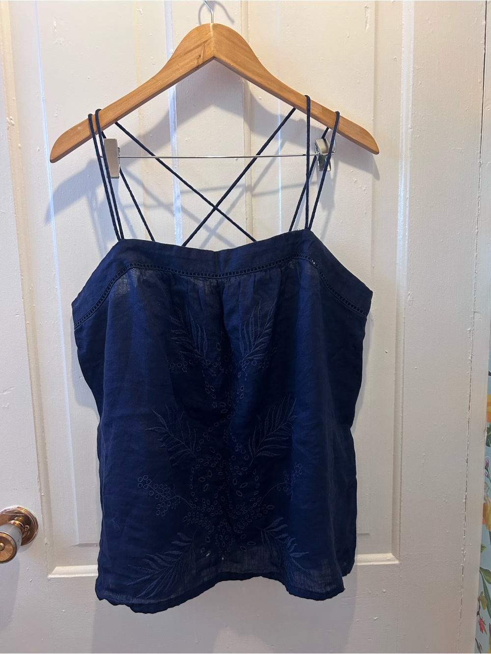 GAP Navy Embroidered Crossback Cami 100% linen